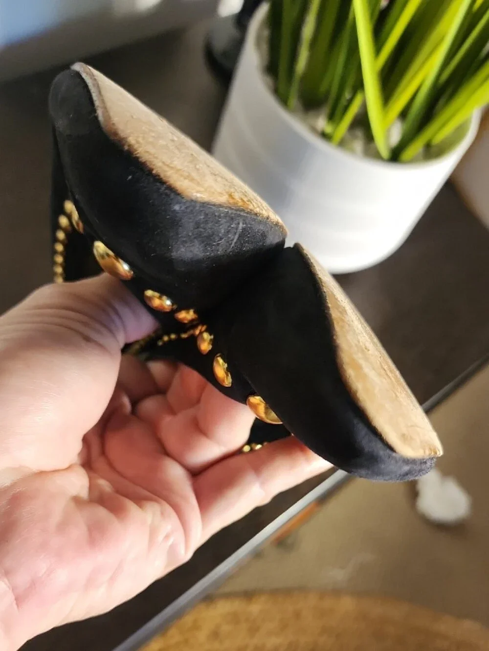 Escada Black Suede Pumps with Gold Stud Detailing